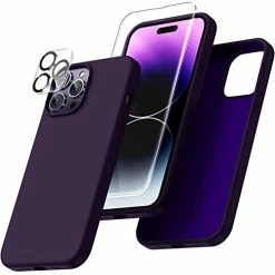 Flash Sale ✨ [5 In 1 For IPhone 14 Pro Max Case, With 2 Pack Screen Protector + 2 Pack Camera Lens Protector, Liquid Silicone [Full Body] Protection Shockproof [Drop Protection] 6.7 Inches, Dark Purple 13mini-blue ????