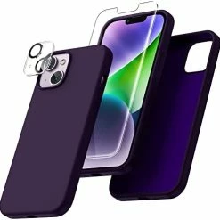 Flash Sale ✨ [5 In 1 For IPhone 14 Pro Max Case, With 2 Pack Screen Protector + 2 Pack Camera Lens Protector, Liquid Silicone [Full Body] Protection Shockproof [Drop Protection] 6.7 Inches, Dark Purple 13mini-blue ???? -Wagner Shop 41rCzfHeeEL. AC