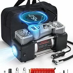 Buy ???? 12V Portable Air Compressor, 150PSI Dual Cylinder Metal Pump Tire Inflator, Heavy-Duty Tire Pump With LED Night Light/Auto Shut-Off For SUVs/Trucks Silv ????
