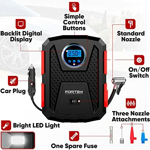 Best Pirce ❤️ FORTEM Tire Inflator Portable Air Compressor 150 PSI, Bike Pump, 12V Electric Air Pump For Car Tires And Bicycles W/LED Light, Digital Tire Pressure Gauge W/Auto Pump/Shut Off, Carrying Case (Red) ✨ 6 Best Pirce ❤️ FORTEM Tire Inflator Portable Air Compressor 150 PSI, Bike Pump, 12V Electric Air Pump For Car Tires And Bicycles W/LED Light, Digital Tire Pressure Gauge W/Auto Pump/Shut Off, Carrying Case (Red) ✨ - Image 4
